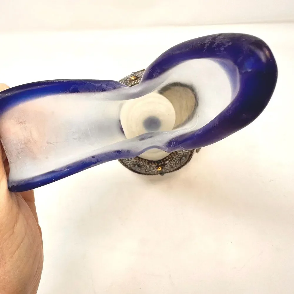 Vintage Moroccan Art Glass Vase Cobalt Blue Ruffled Hand Blown Metal Overlay Boh